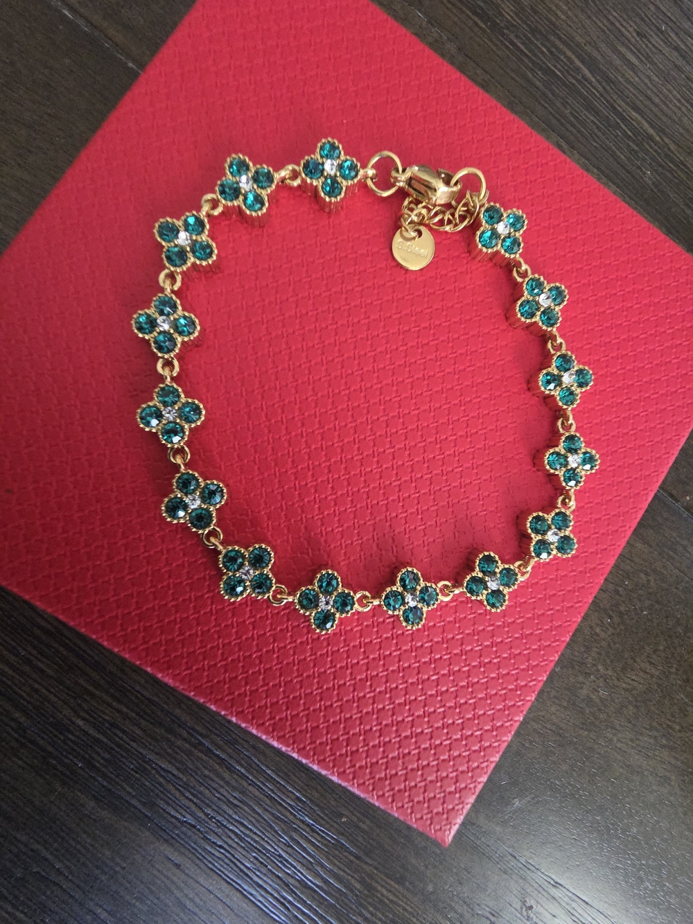 NWT 18K Gold Plated Emerald Green Clover Crystal Bracelet | Stainless Steel | Ad